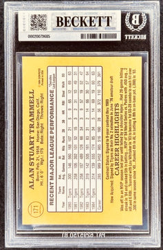 Alan Trammell autographed baseball card, authenticated by Beckett, featuring career stats and highlights