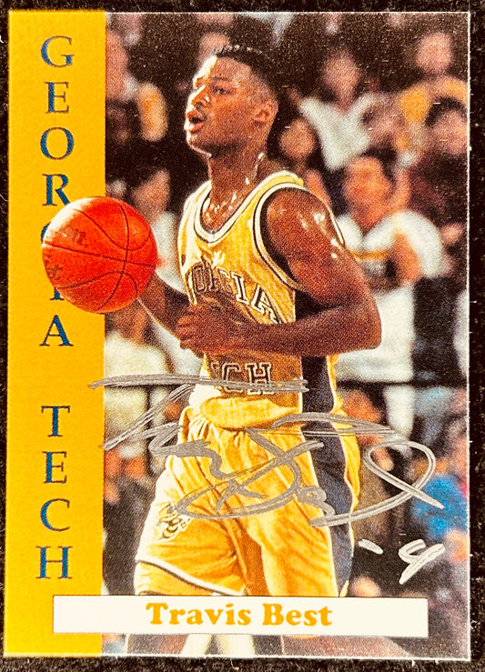 Autographed Travis Best Georgia Tech basketball trading card, action shot in yellow jersey.