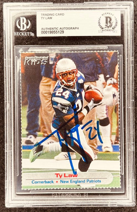 Ty Law signed Patriots 2002 SI for Kids card BAS slab - AutographsForSale.com