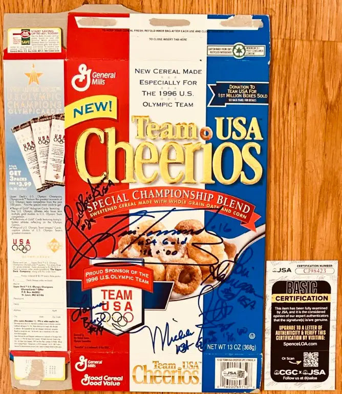 1996 US Olympic Softball Team signed Cheerios cereal box Lisa Fernandez Michele Smith JSA - AutographsForSale.com