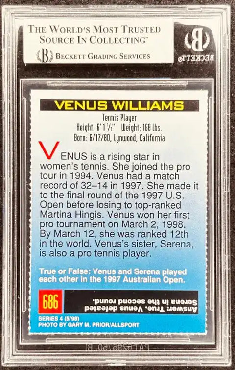 Venus Williams tennis player trading card, Beckett graded, featuring stats and 1997 U.S. Open details