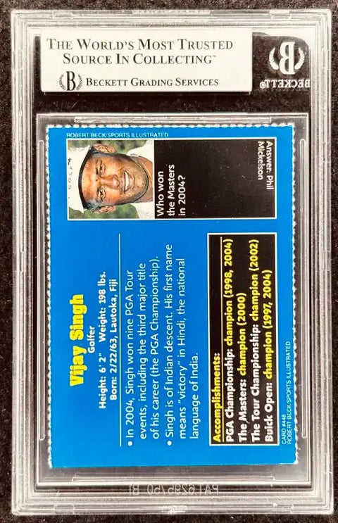 Vijay Singh golf card with PGA achievements, graded by Beckett, featuring autograph details and stats.