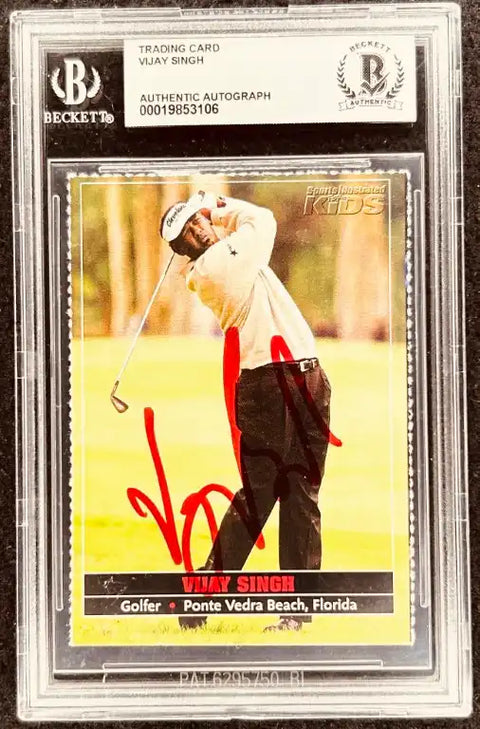 Vijay Singh autographed golf trading card, authenticated by Beckett, featuring his signature on a golf course scene.