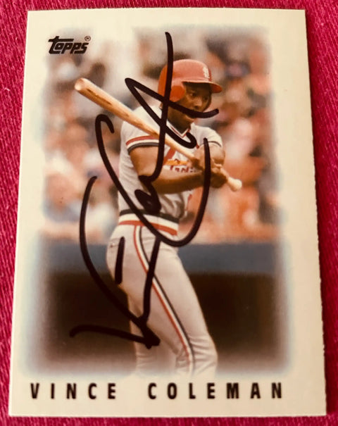 Vince Coleman 1986 Topps Mini baseball card with autograph, batting pose, Cardinals uniform