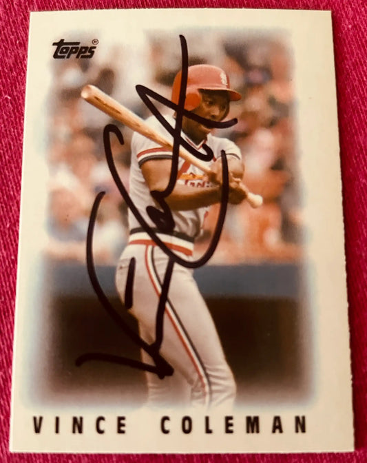 Vince Coleman 1986 Topps Mini baseball card with autograph, batting pose, Cardinals uniform