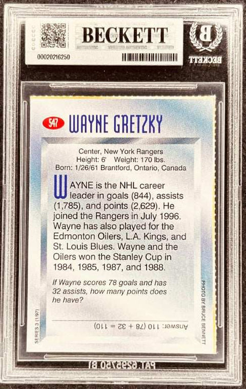 Wayne Gretzky hockey card, NHL legend, New York Rangers, signed memorabilia, Beckett authenticated