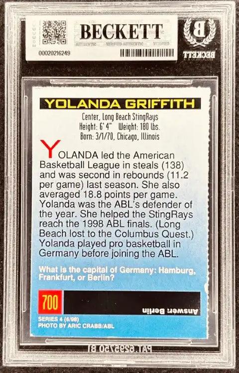 Yolanda Griffith autographed basketball card, Beckett authenticated, ABL stats, signed memorabilia