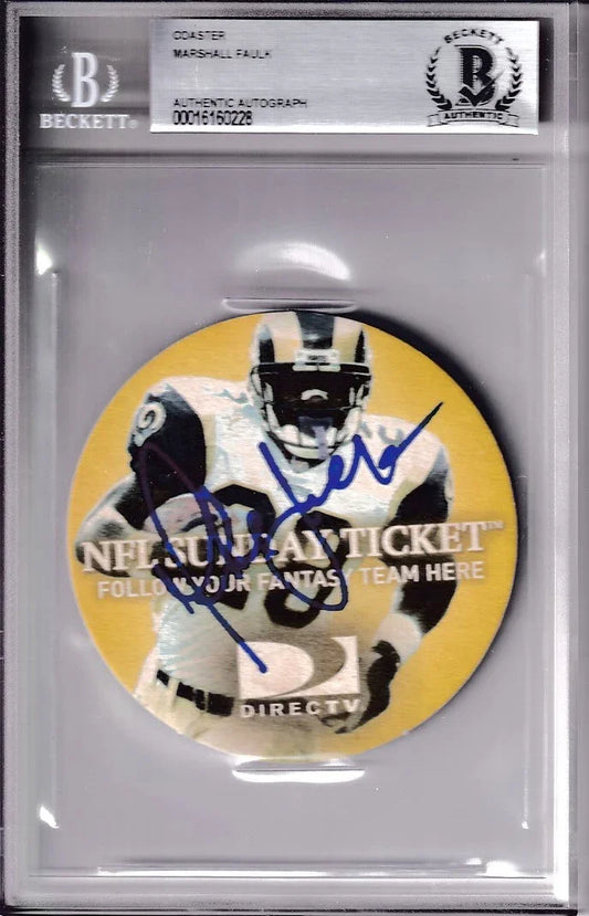 Marshall Faulk signed St Louis Rams 2003 NFL Sunday ticket coaster BAS certified - AutographsForSale.com