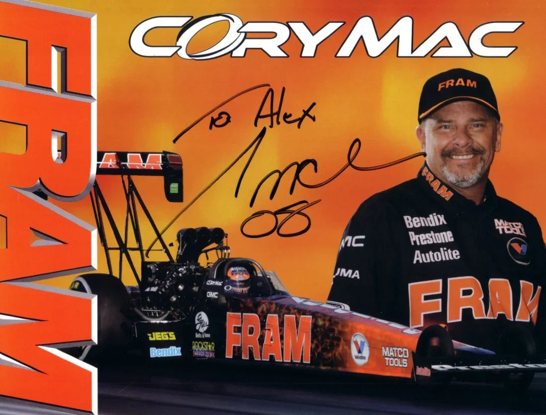 Cory Mac autographed Fram 8x11 NHRA photo card (to Alex) - AutographsForSale.com