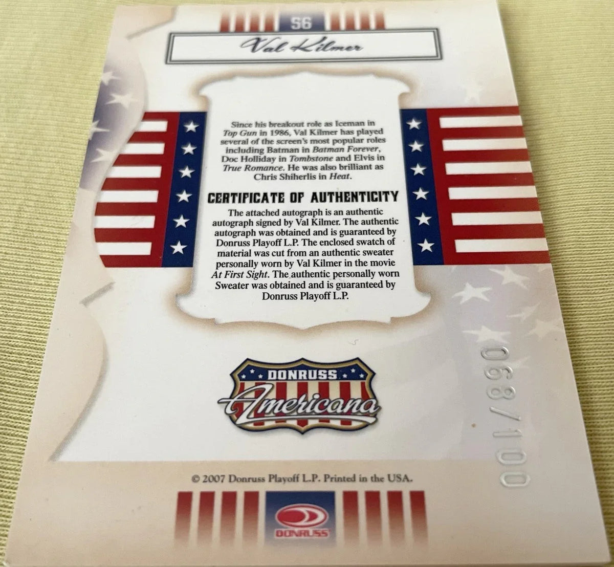 Val Kilmer certified signed worn shirt swatch 2007 Donruss Americana card Batman Top Gun - AutographsForSale.com