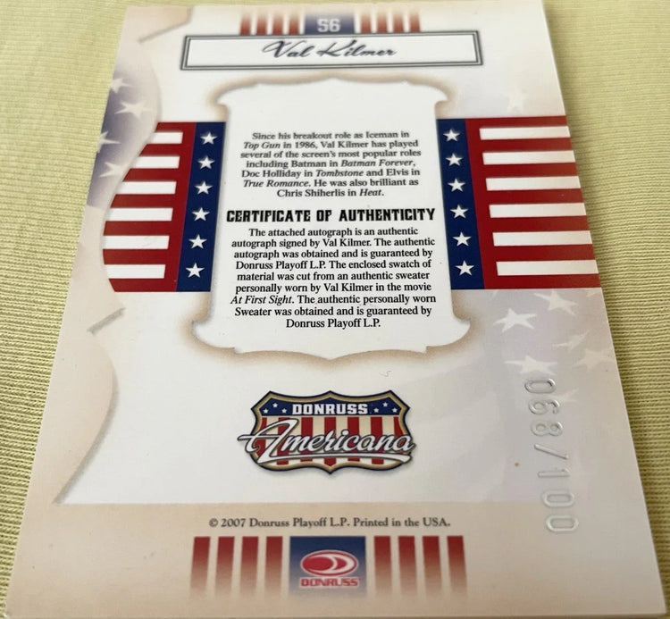 Val Kilmer certified signed worn shirt swatch 2007 Donruss Americana card Batman Top Gun - AutographsForSale.com