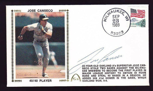 Jose Canseco autographed Oakland Athletics first 40/40 player 1988 Gateway cachet - AutographsForSale.com