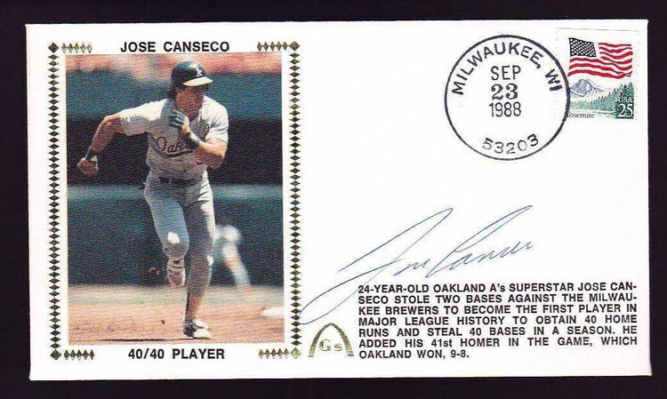 Jose Canseco autographed Oakland Athletics first 40/40 player 1988 Gateway cachet - AutographsForSale.com