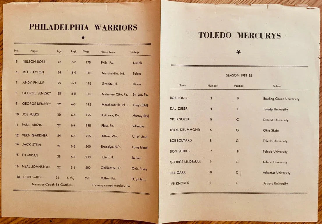 1951 Minneapolis Lakers Philadelphia Warriors program insert George Mikan - AutographsForSale.com
