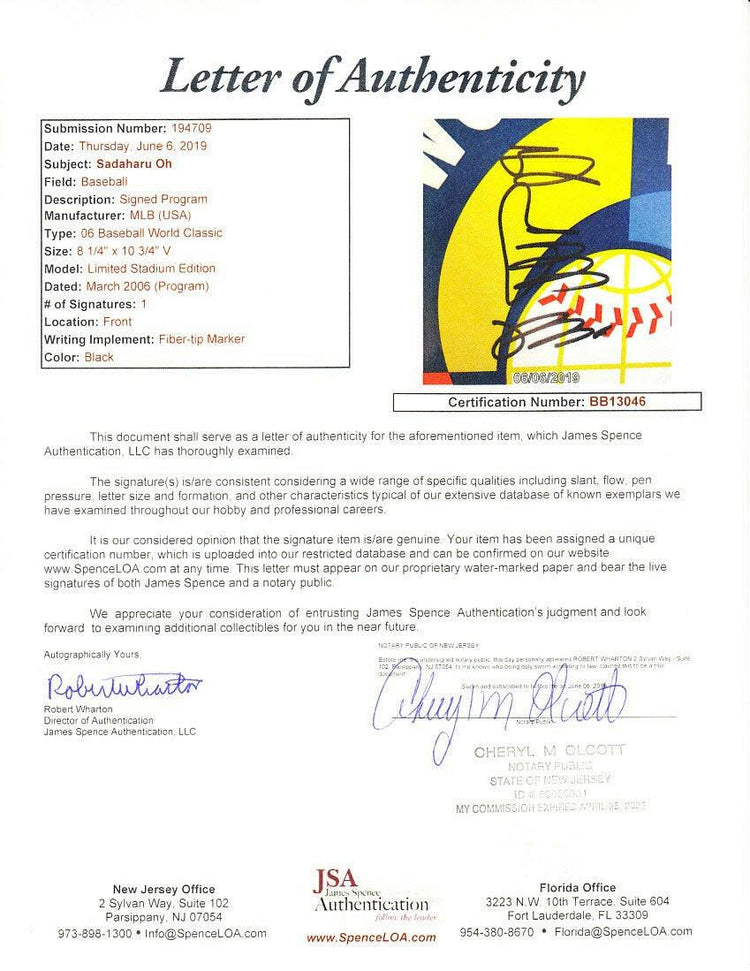 Sadaharu Oh Japan signed 2006 World Baseball Classic program JSA - AutographsForSale.com