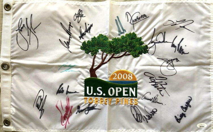 2008 US Open golf flag signed by 19 winners Tiger Woods Arnold Palmer Gary Player JSA - AutographsForSale.com