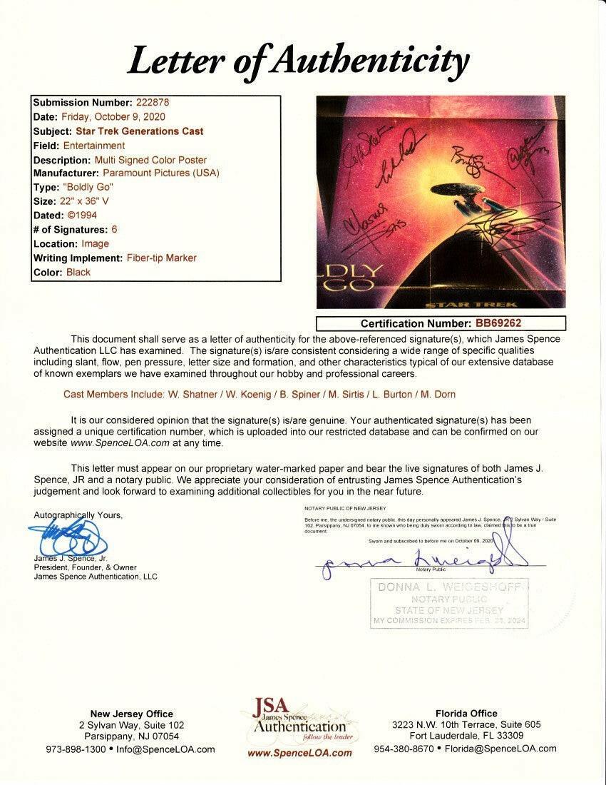 Star Trek Generations Cast signed movie poster Levar Burton Michael Dorn Walter Koenig Marina Sirtis William Shatner Brent Spiner JSA - AutographsForSale.com