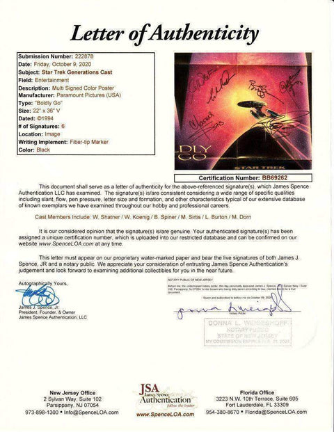 Star Trek Generations Cast signed movie poster Levar Burton Michael Dorn Walter Koenig Marina Sirtis William Shatner Brent Spiner JSA - AutographsForSale.com
