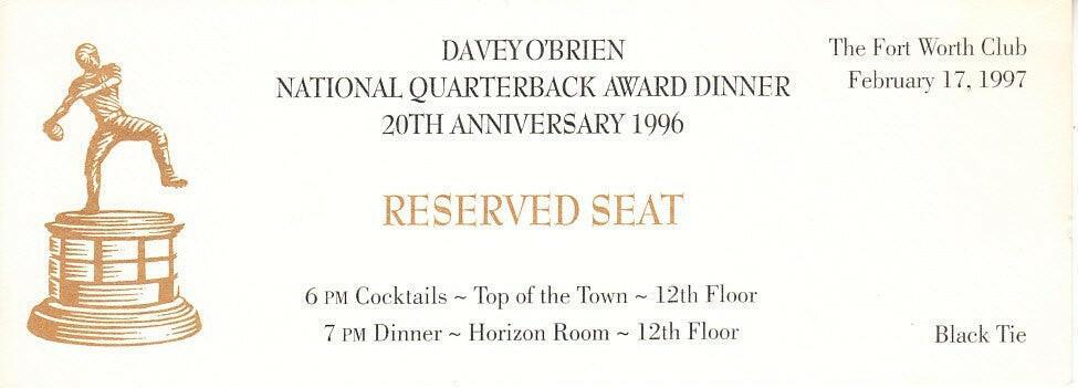 1996 Davey O'Brien National QB Award ticket Danny Wuerffel Florida Gators - AutographsForSale.com