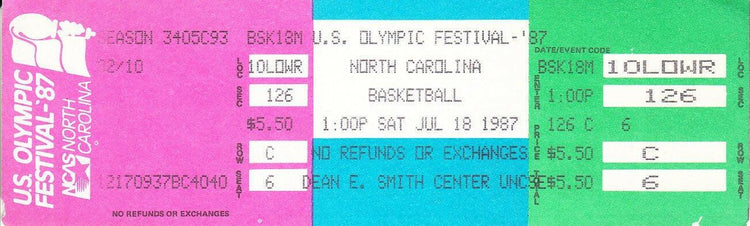1987 US Olympic Festival basketball ticket J.R. Reid - AutographsForSale.com
