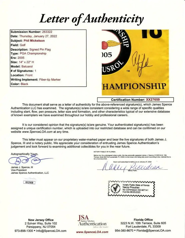 Phil Mickelson signed 2005 PGA Championship golf flag JSA - AutographsForSale.com