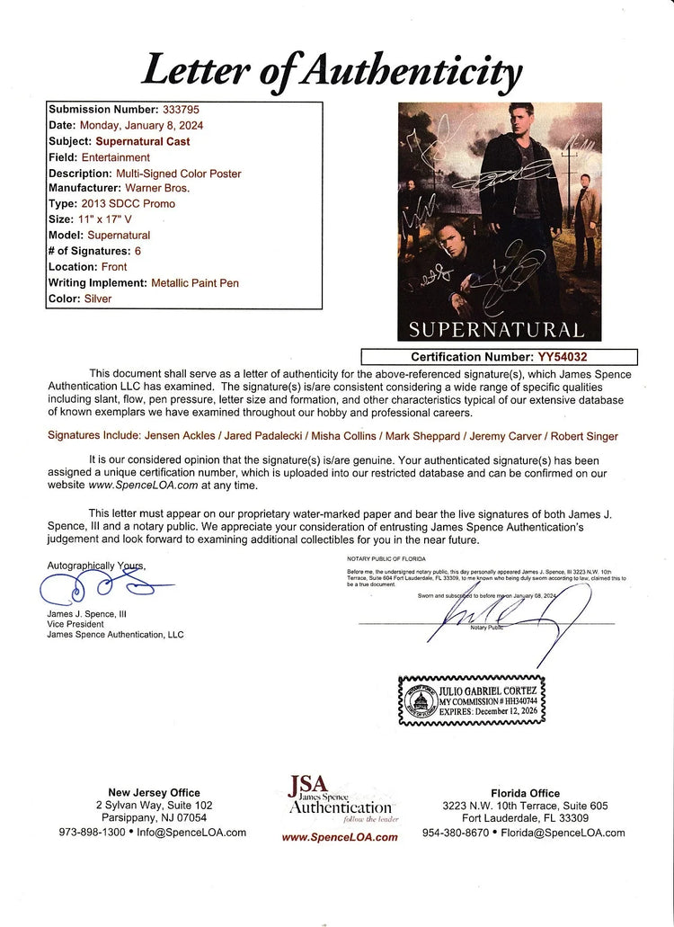 Supernatural cast signed 2013 SDCC poster Jensen Ackles Jared Padalecki JSA - AutographsForSale.com