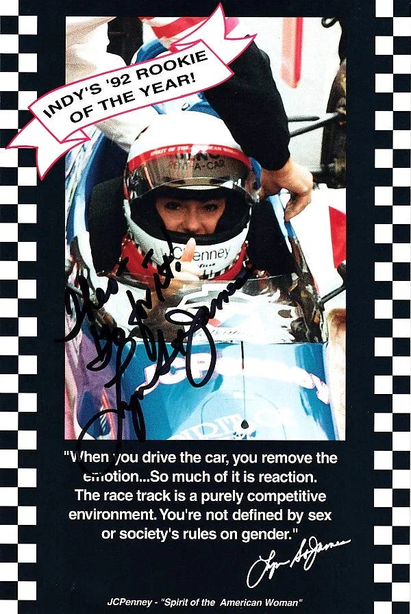 Lyn St. James autographed JCPenney 6x9 photo card (To Theo) - AutographsForSale.com