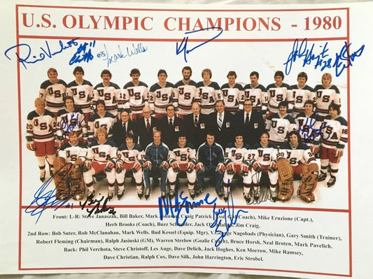 1980 Miracle on Ice US Olympic hockey team signed 11x14 photo Mike Eruzione JSA - AutographsForSale.com