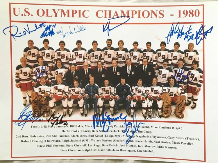 1980 Miracle on Ice US Olympic hockey team signed 11x14 photo Mike Eruzione JSA - AutographsForSale.com