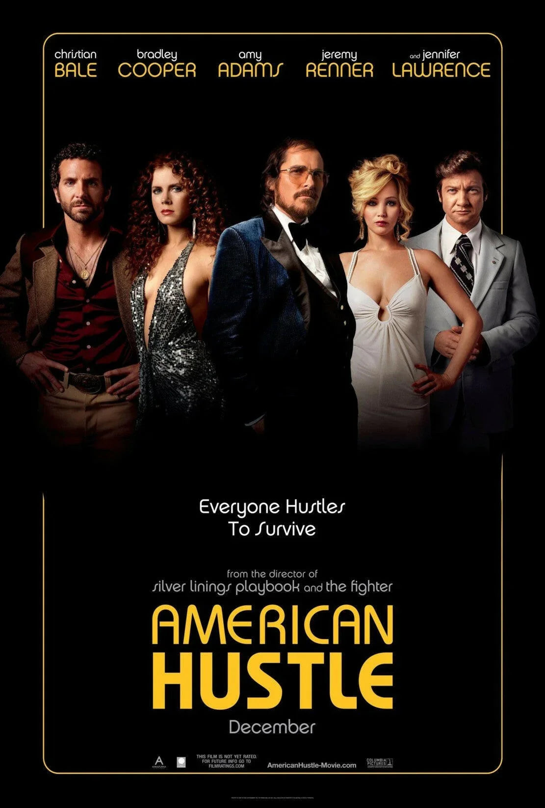 American Hustle Cast mini poster Christian Bale Bradley Cooper Jennifer Lawrence Jeremy Renner - AutographsForSale.com