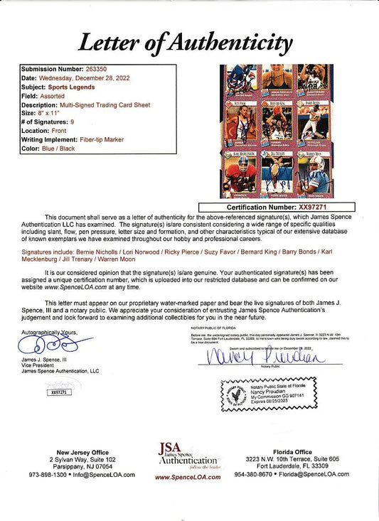 Signed 1991 SI for Kids card sheet Barry Bonds Warren Moon JSA - AutographsForSale.com