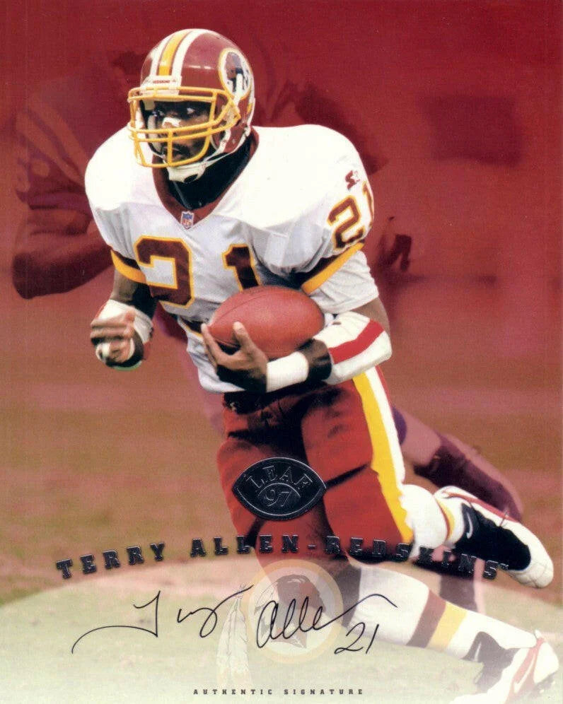 Terry Allen certified autograph Redskins 1997 Leaf 8x10 card - AutographsForSale.com