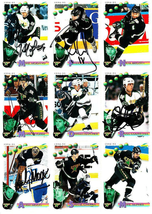 1994-95 Dallas Stars autographed Score promo card sheet (Mike Modano Andy Moog Mark Tinordi) - AutographsForSale.com