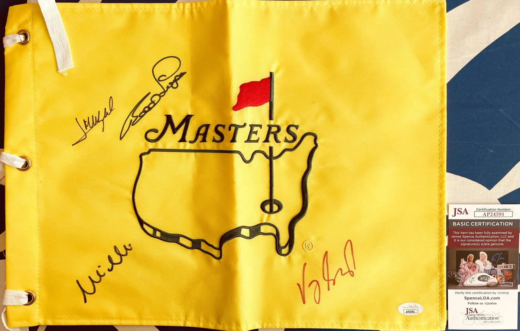 Bernhard Langer Jose Maria Olazabal Vijay Singh Mike Weir autographed Masters flag JSA - AutographsForSale.com
