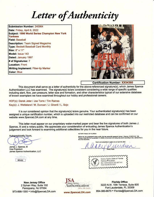 1996 New York Yankees autographed World Series magazine cover framed Derek Jeter Joe Torre John Wetteland JSA - AutographsForSale.com