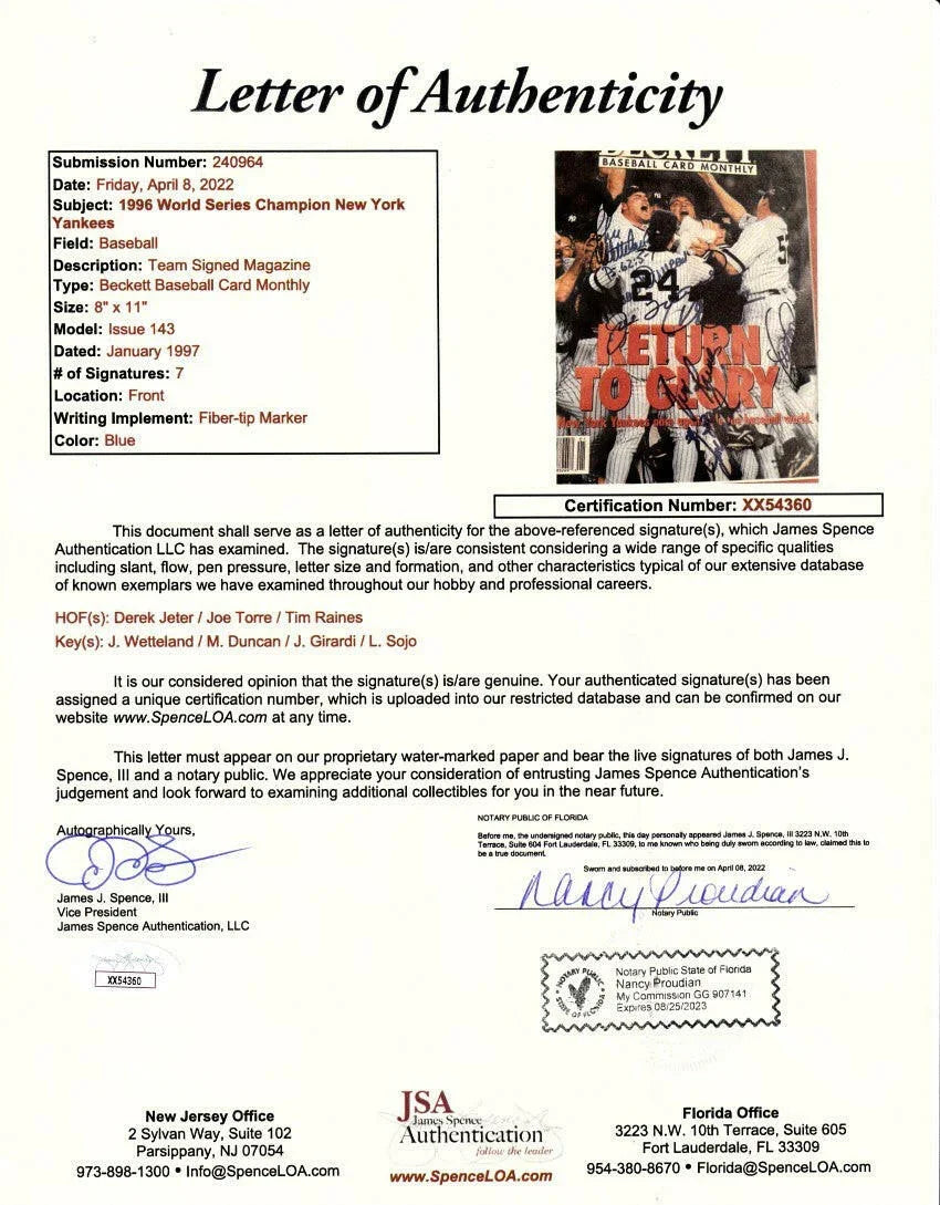 1996 NY Yankees signed World Series cover framed Derek Jeter Joe Torre John Wetteland JSA - AutographsForSale.com