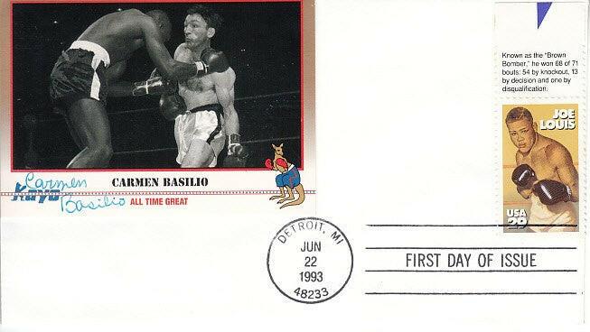Carmen Basilio signed Kayo boxing card affixed to 1993 Joe Louis 1st Day cover - AutographsForSale.com