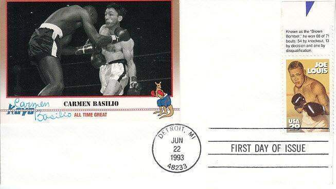 Carmen Basilio signed Kayo boxing card affixed to 1993 Joe Louis 1st Day cover - AutographsForSale.com