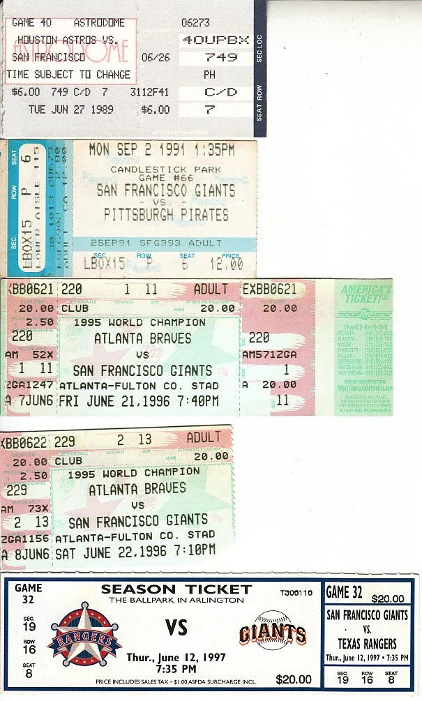 San Francisco Giants 6 vintage game tickets Barry Bonds - AutographsForSale.com