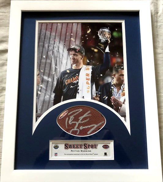Peyton Manning signed UDA football swatch framed Denver Broncos Super Bowl 50 8x10 photo - AutographsForSale.com