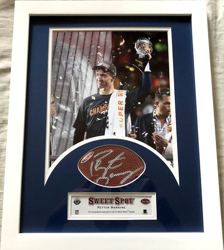 Peyton Manning signed UDA football swatch framed Denver Broncos Super Bowl 50 8x10 photo - AutographsForSale.com