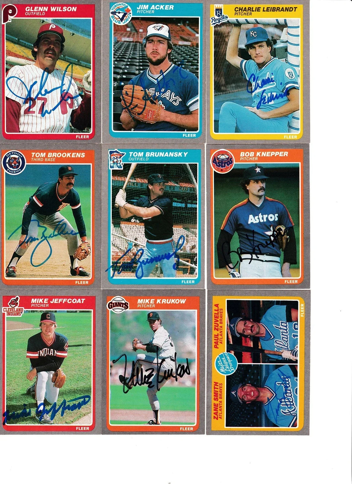 9 signed 1985 Fleer cards Tom Brunansky Mike Krukow Charlie Leibrandt Glenn Wilson - AutographsForSale.com