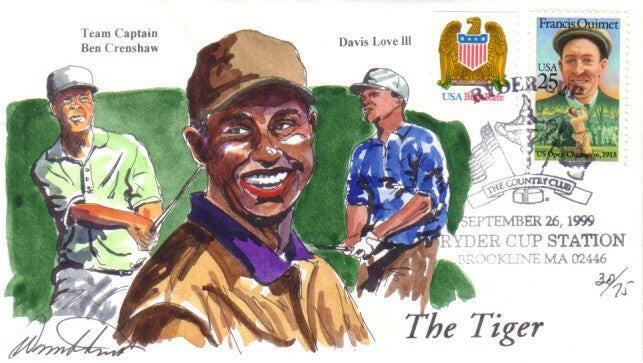 1999 Ryder Cup golf Hand Painted Wild Horse cachet envelope Tiger Woods - AutographsForSale.com