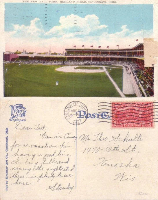 Cincinnati Reds Redland Field 1912 baseball postcard postmarked 1927 - AutographsForSale.com