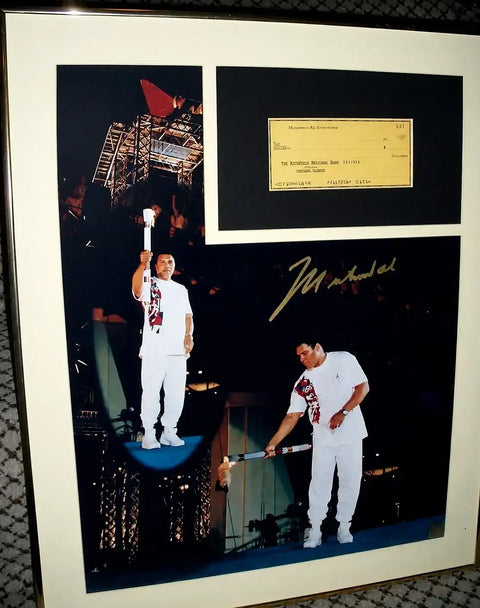 Muhammad Ali signed 1996 Olympic Torch 16x20 framed w/ check - AutographsForSale.com
