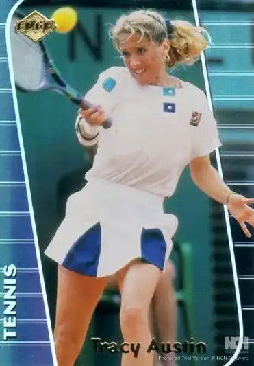 Women's tennis trading card showing an athlete in action holding a racket on court