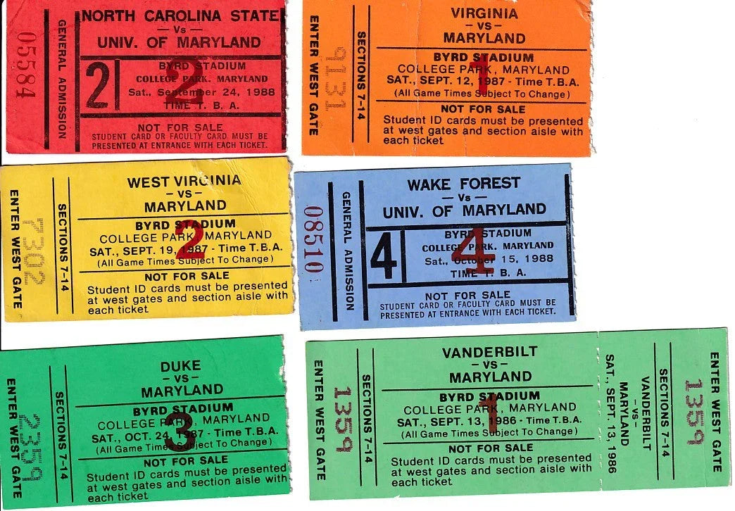 6 1986 1987 1988 Maryland Terrapins football ticket stubs - AutographsForSale.com