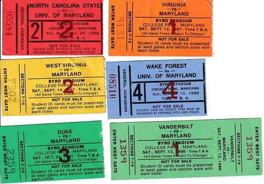 6 1986 1987 1988 Maryland Terrapins football ticket stubs - AutographsForSale.com