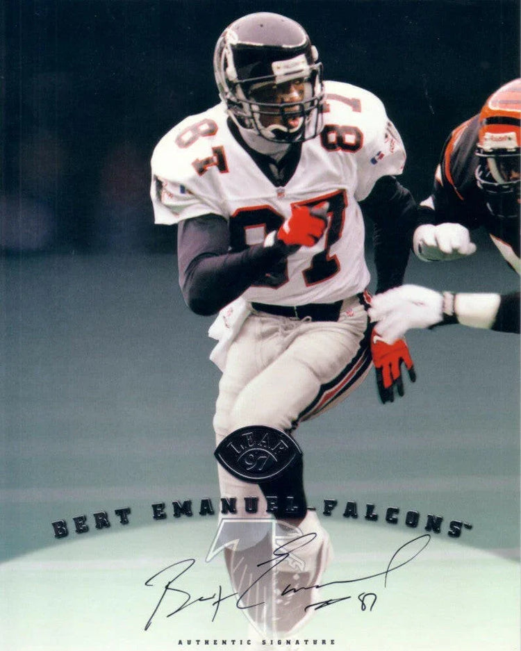 Bert Emanuel certified signed Atlanta Falcons 1997 Leaf 8x10 card - AutographsForSale.com