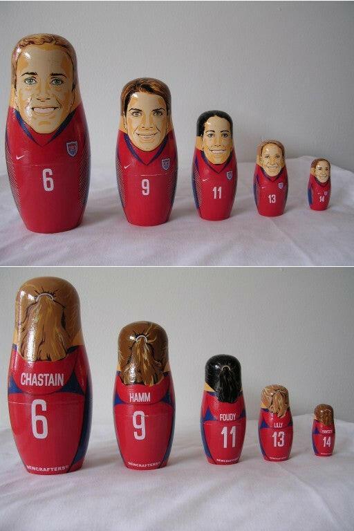 Mia Hamm Brandi Chastain Joy Fawcett Julie Foudy Kristine Lilly nesting dolls set USWNT - AutographsForSale.com